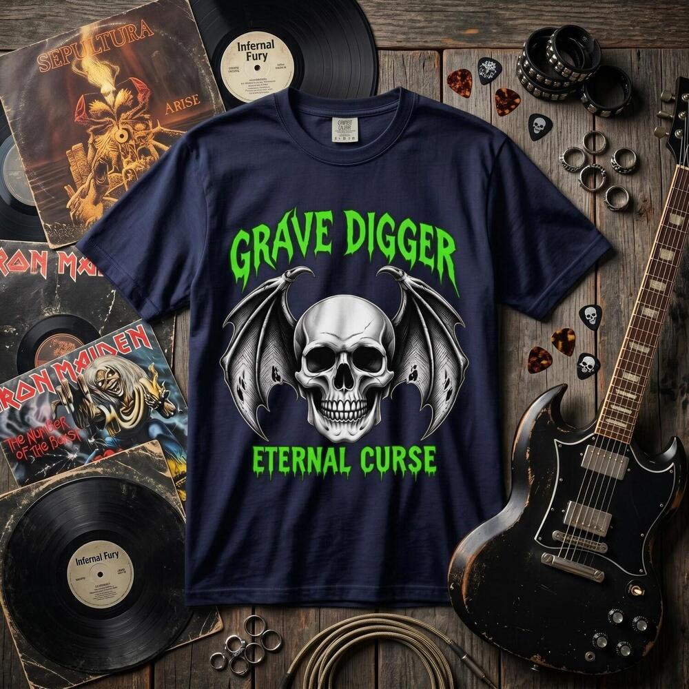 Adults Grave Digger Skull With Bat Wings T-Shirt Eternal Curse Gothic Horror